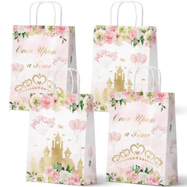 Imagem de Pacote com 24 sacos de presente de festa de princesa, Once Upon a Time, sacos de lembrancinha de papel com alças, suprimentos florais para festa de aniversário de princesa para meninas