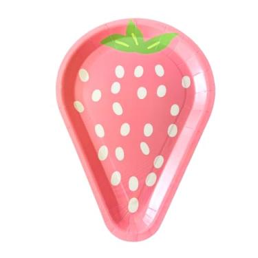 Imagem de Prato Descartável Morango Premium 26cm | Formato Recortado Exclusivo | Papel 350g/m² Importado | Kit com 8 Unidades Festa Infantil