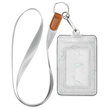 Imagem de Burbuja Porta-crachá de couro com cordão, etiqueta de identificação de golfinhos com 1 janela transparente para identidade e 2 compartimentos para cartão para escritório, enfermeira, professor, médico