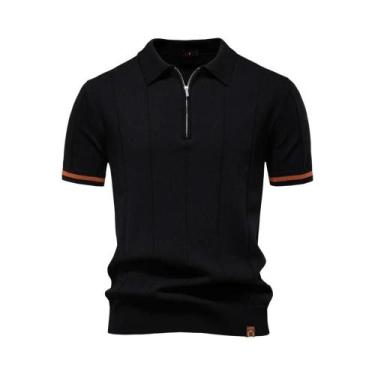 Imagem de Camisa Polo Masculina Slim Fit De Cor Sólida Com Zíper AIOPESON Para A
