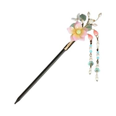 Imagem de Grampo De Cabelo Magnólia De Vidro Transparente Com Borla De Madeira, 