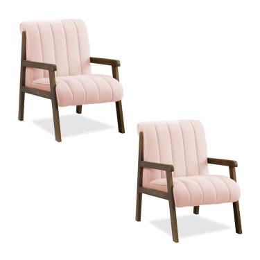 Imagem de Poltrona Decorativa Sala Base De Madeira Kit 2 Daline Bouclê Rosê E03 - D'rossi
