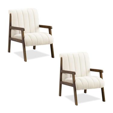 Imagem de Poltrona Decorativa Sala Base De Madeira Kit 2 Daline Bouclê Bege E03 - D'rossi