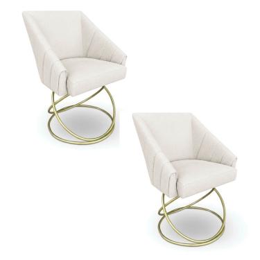 Imagem de Kit 2 Poltronas Luxo Alana Bouclê Bege Base Luxo Dourado - Pallazio