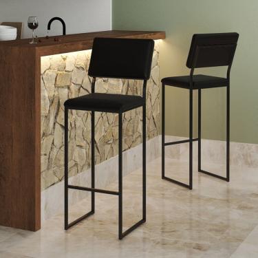 Imagem de Banqueta Alta com Encosto Nina Industrial para Cozinha Bar Bancada Assento Corino - Preto/preto