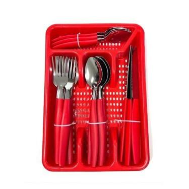 Imagem de Jogo Faqueiro Inox 25 Peças Vermelho com Porta Talheres Organizador de Gaveta