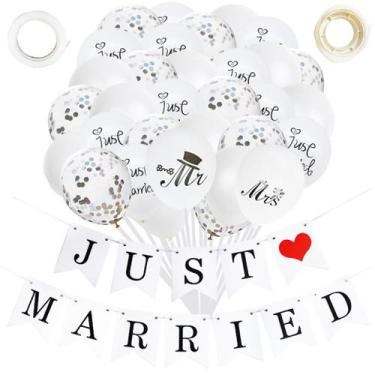 Imagem de Conjunto de balões Just Married 32 Latex Confetti White com acesso. - 