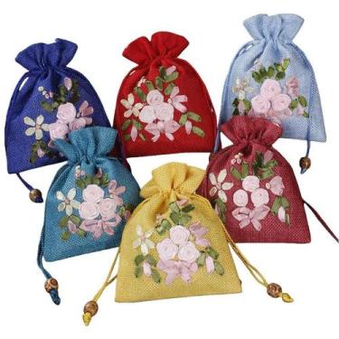 Imagem de Conjunto de sacolas de presente, serapilheira bordada com fita, 10 bol