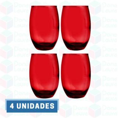 Imagem de 4 Copo de Vidro Bellagio 450ML Vermelho Redondo Bebidas Suco - PRATICA