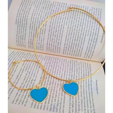 Imagem de Kit Conjunto Colar e Pulseira Elo Aro com Pingente Medalha Coração Lis