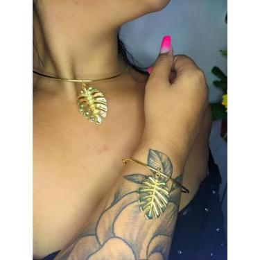 Imagem de kit Colar Choker com  Pulseira Elo Aro Liso com Pingente Folha Costela