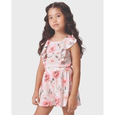 Imagem de Conjunto menina flores blusa babado saia verão fofo leve - Vermelho e Rosa - Menina 4 a 14 anos-Feminino