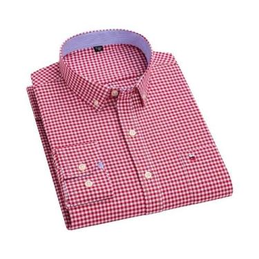 Imagem de Camisa Casual De Negócios Masculina 100% Algodão Oxford Xadrez De Mang