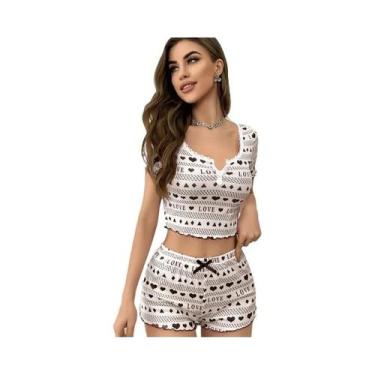 Imagem de Conjunto De Pijama Feminino Com Estampa De Coração, Manga Curta, Top C