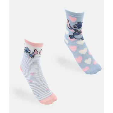 Imagem de Kit 2 Meias Infantil Estampa Stitch Disney Azul, 30/33, Azul, Rosa
