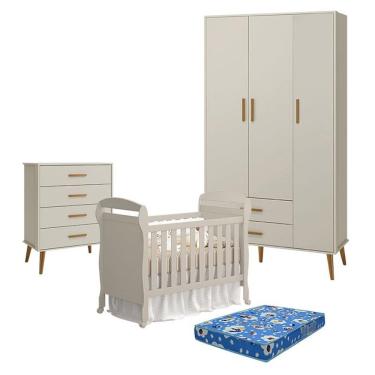 Imagem de Quarto De Bebê 3 Portas Com Cômoda Gaveteiro Isis E Berço Americano Danny Areia Acetinado Com Colchão Ortobom - Reller