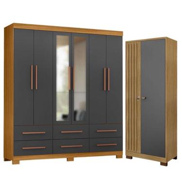 Imagem de Guarda Roupa Casal New Kansas Com Espelho E Armário Multiuso Versatile Carvalho Americano Grafite - Incorplac