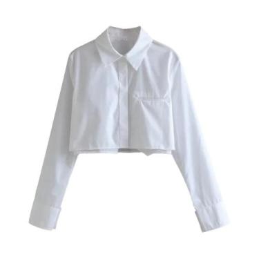 Imagem de Blusa Feminina Vintage Soltinha, Cropped, Manga Comprida, Com Botões, 