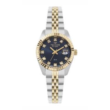 Imagem de Relogio Technos feminino pequeno prata dourado azul cravejado pedrinha