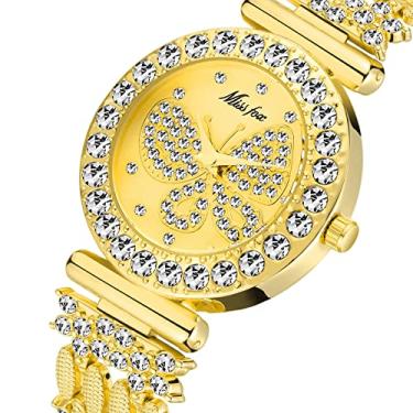 Imagem de Relógio de pulso feminino moderno com mostrador borboleta, relógio de quartzo importado, pulseira de strass, relógio de pulso de aço inoxidável para presentes de Dia dos Namorados, ouro