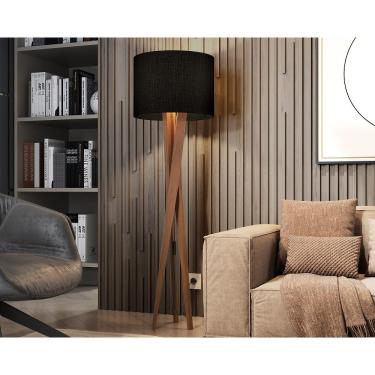 Imagem de Luminária De Chão Abajur De Piso Com Cúpula E Pés De Madeira Luxo Preta