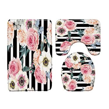 Imagem de Tapete de banho de flores e pássaros com fundo de listras pretas e brancas tapetes de banheiro conjunto de 3 peças tapete de banho tapete higiênico produtos de banheiro, 4935L, 450MMx750MM