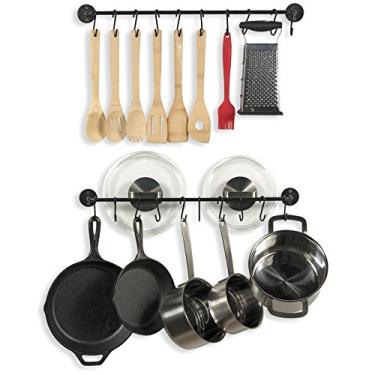 Imagem de Conjunto de 2 suportes para panelas de parede e 20 ganchos da Wallniture Kitchen – Aço sólido – Organizador de utensílios para pendurar 61 cm preto
