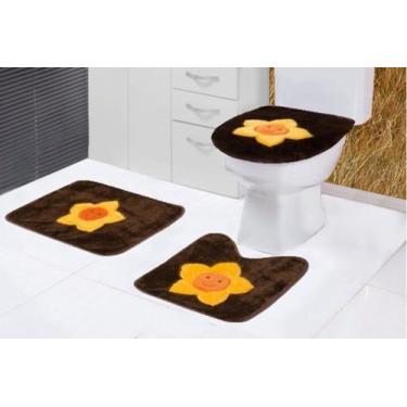 Imagem de Tapete Banheiro Sol Pelucia Antiderrapante Kit 3 Peças Marron Amarelo