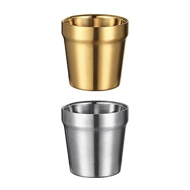 Imagem de UPTALY 2 peças de copos de aço inoxidável (180 ml, prata/ouro), canecas de acampamento inquebráveis, copo de café pequeno, canecas de café com parede dupla, copos de tiro, copo, atiradores de metal, copos de café espessos, xícara de chá