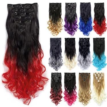 Imagem de IMISSU Conjunto de 7 peças clipe longo encaracolado em extensão de cabelo ombre cor cabeça cheia extensões de cabelo peruca para menina (Ombre vermelho)