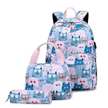 Imagem de LuckyWin kit mochila escolar infantil menina mochila feminina grande impermeável lancheira termica feminina estojo pequeno conjunto de três peças Carregamento USB (rosa)