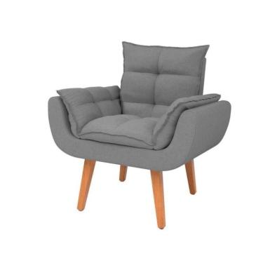 Imagem de Kit 2 Poltronas Opalas Com Puff Redondo Linho Cinza