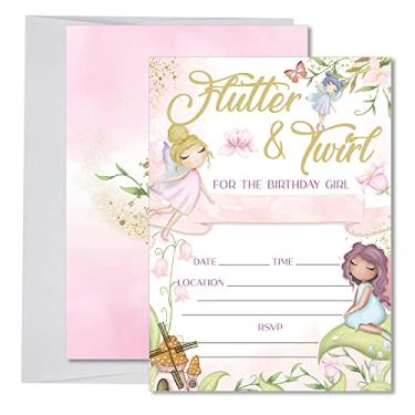 Imagem de Convites de festa de aniversário de jardim de fadas, suprimentos de festa e decoração para meninas de jardim encantado, 20 convites de preenchimento + envelopes