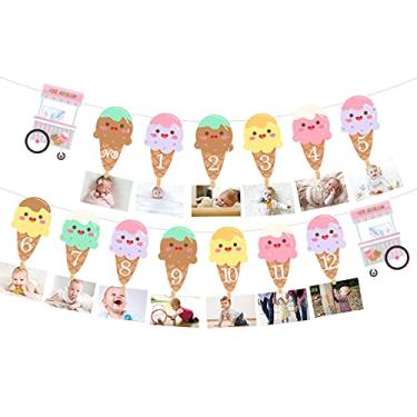 Imagem de Faixa de fotos mensal de sorvete - Faixa mensal de 1º aniversário de sorvete para bebê menina 12 meses foto marco guirlanda de decoração para sorvete primeiro festa de aniversário, doce uma festa de verão