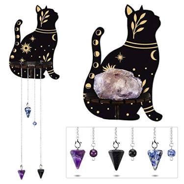 Imagem de Prateleira de parede bonita prateleira de cristal de madeira de gato preto com 3 pedras de cristais, prateleira de exibição de cristal decorativa prateleira de parede organizador de cristal prateleiras flutuantes para decoração de sala de estar banheiro