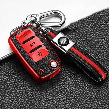 Imagem de YJADHU Capa de chave de carro de couro TPU 3 botões dobrável controle remoto, apto para VW Volkswagen Golf 6 Polo Passat Seat Ibiza Leon Skoda Octavia Fabia, vermelho com chaveiro