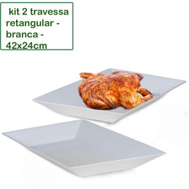 Imagem de Kit 2 Travessa Saladeira Petisqueira Retangular Le Chef Branca Plástico 42X24X4CM