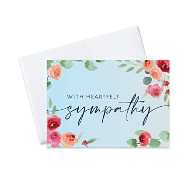 Imagem de Cartões comemorativos de simpatia - S2002. Cartões comemorativos com mensagem sincera de simpatia e desenhos florais em um fundo azul claro. O conjunto de caixa tem 25 cartões de felicitações e 26 envelopes brancos brilhantes.