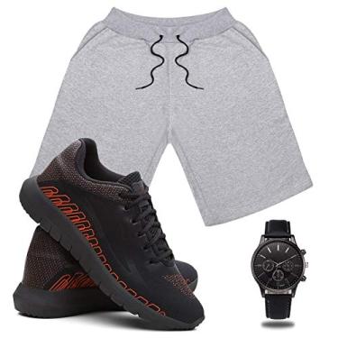 Imagem de Kit Bermuda Masculina Moletom + Tenis Masculino SPEED Conforto + Relógio - Cinza/GG - PretoVermelho/40