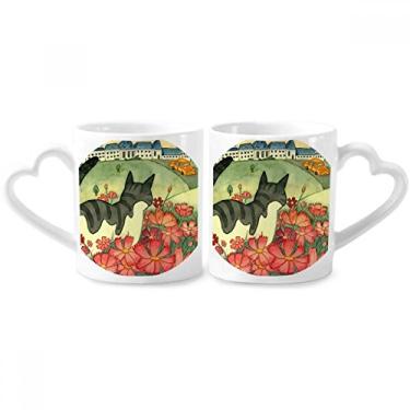 Imagem de Miaoji Conjunto de canecas de porcelana com pintura em aquarela, flores de gato e casal, xícara de amante de cerâmica com alça de coração