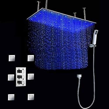 Imagem de Cascada Conjunto de chuveiro de banheiro luxuoso com chuveiro de LED de potência de água (montagem centralizada) Rainfall termostático 6 jatos de massagem Spray Body Shower Set (50,8 x 101,6 cm, ouro escovado)
