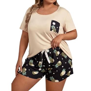 Imagem de OYOANGLE Conjunto de pijama feminino plus size de 2 peças, estampa xadrez, manga curta, camiseta e shorts, Bege preto, 3X-Large Plus