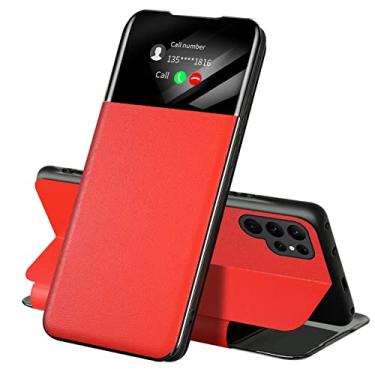 Imagem de HAZARA Capa de couro para Samsung Galaxy S24 Ultra/S24 Plus/S24, capa flip com visão clara, Smart Wake-Up Folio Wallet Business Phone, vermelha, S24