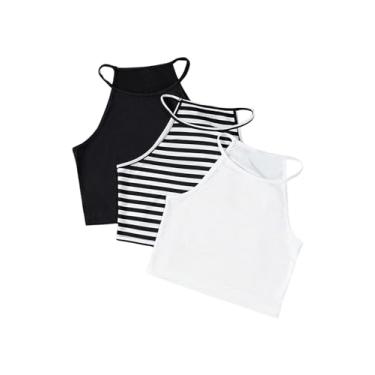 Imagem de Verdusa Camiseta regata feminina listrada, sem mangas, frente única, 3 unidades, Preto e branco, G