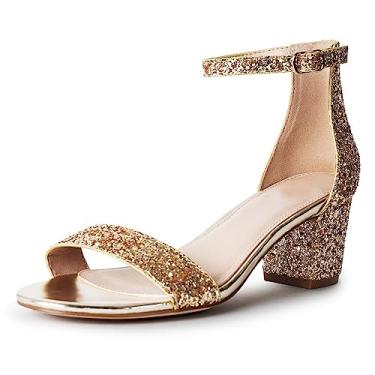 Imagem de J. Adams Daisy Heels para mulheres – Sandália elegante de salto baixo com tira no tornozelo, Glitter dourado, 5.5