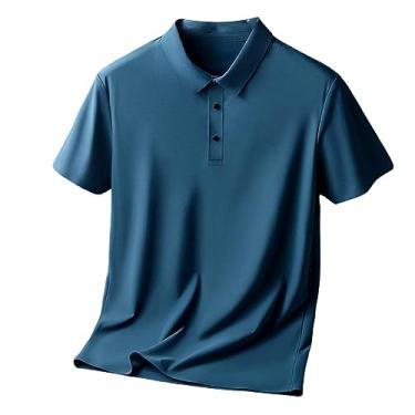 Imagem de Camisa polo masculina de lapela sólida de seda gelo camisas de golfe com botões para trabalho camiseta elástica atlética secagem rápida, Azul, XG