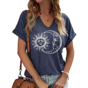 Imagem de Woffccrd Camisetas femininas com gola V vintage estampa sol e lua manga curta férias engraçadas camisetas estampadas, Azul marino, P