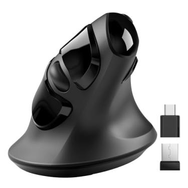 Imagem de MicroPack Mouse ergonômico, mouse vertical sem fio com receptor USB A e tipo C, design Ergo reduz a tensão muscular, 6 botões 800/1200/1600 DPI mouse para Windows, Mac, PC, laptop, preto