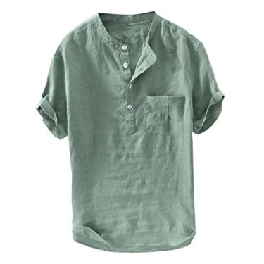 Imagem de Camiseta masculina de algodão e linho Henley casual com botões e manga curta tropicais férias verão praia camisetas com bolso, 017 - Verde, G