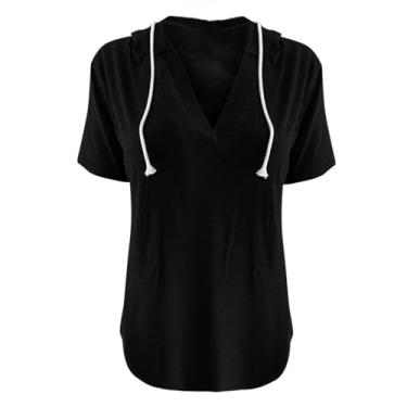 Imagem de Camiseta feminina plus size verão gola V esportiva solta com capuz manga curta túnica longa, Preto, GG
